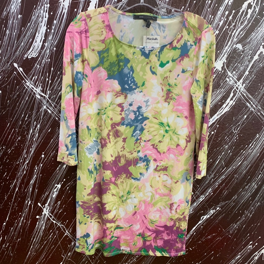 BCBGMAXAZRIA Floral 3/4 Sleeve Mini Dress Pink Green Yellow XS